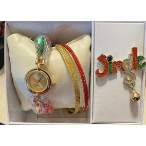 Jingle-Themed Womens Gold Watch & Bracelet Set With Festive Fashion Brooch